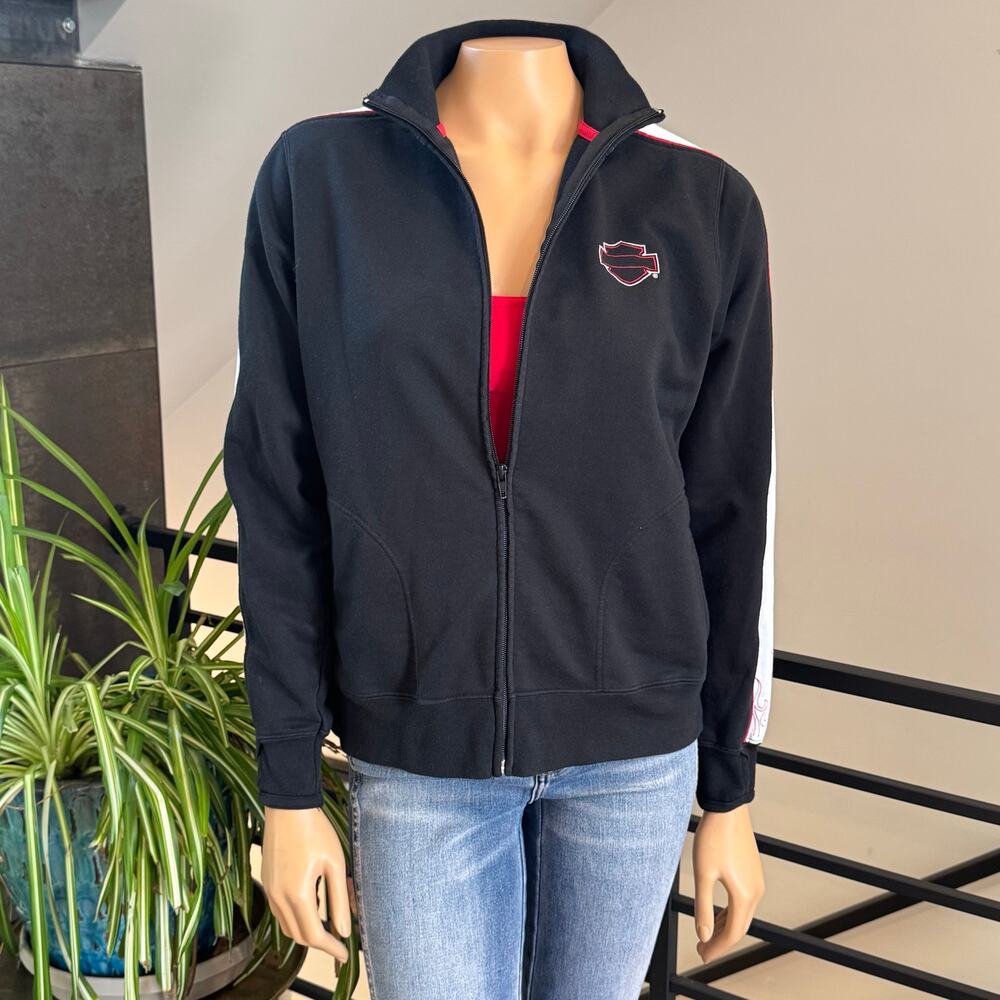 Harley Davidson Pikes Peak Track Jacket Womens M Black Zip Fleece Sweatshirt S08